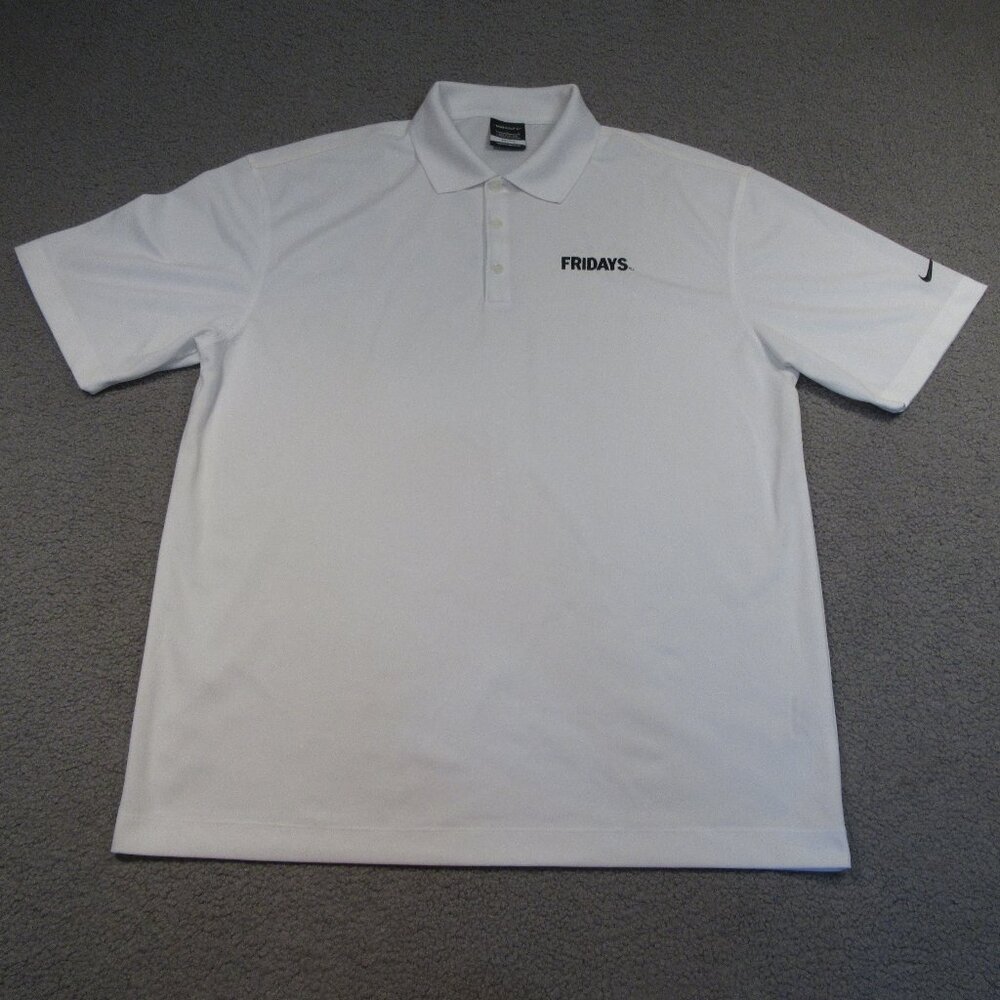 Nike Golf Mens Polo Large White Dri-Fit TGIF Fridays Spell Out Preppy Shirt